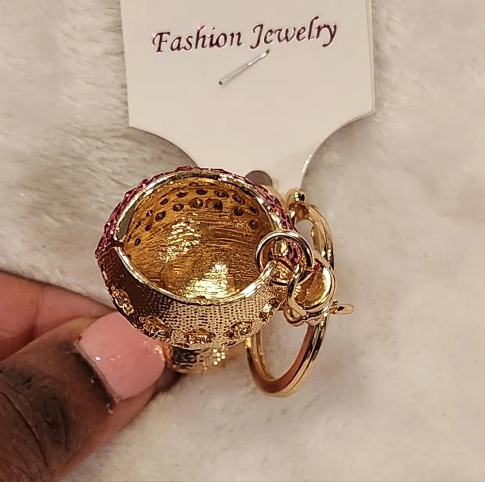 Wine Glass Pink and Gold Rhinestone Keychain Bag Charm